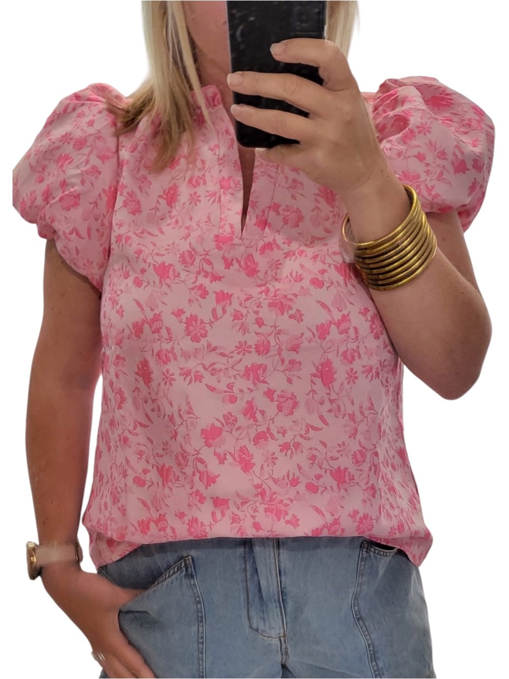 ENTRO PINK COTTAGE CORE FLORAL RUFFLE AND PUFF SLEEVE TOP SZ MED EUC